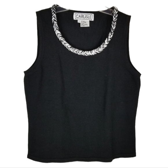 Carlisle Tops - Carlisle Silk Sleeveless Sweater Top Womens Large Black Braided Neckline Stretch